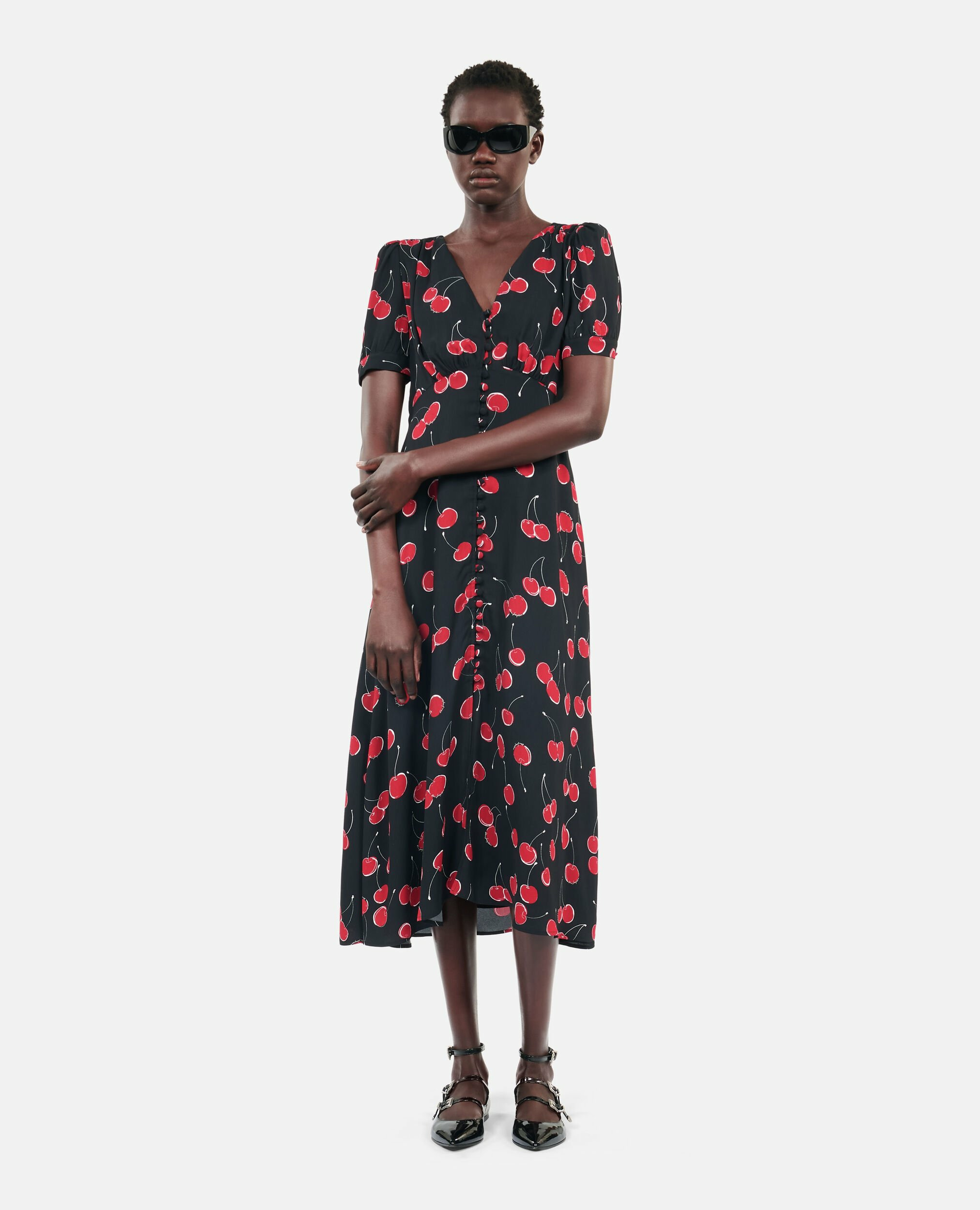 Robe Longue Imprimé Cerise Avec Boutonnage Femme