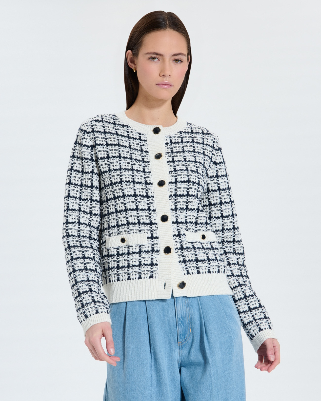 Gilet façon tweed bicolore nocturne écru