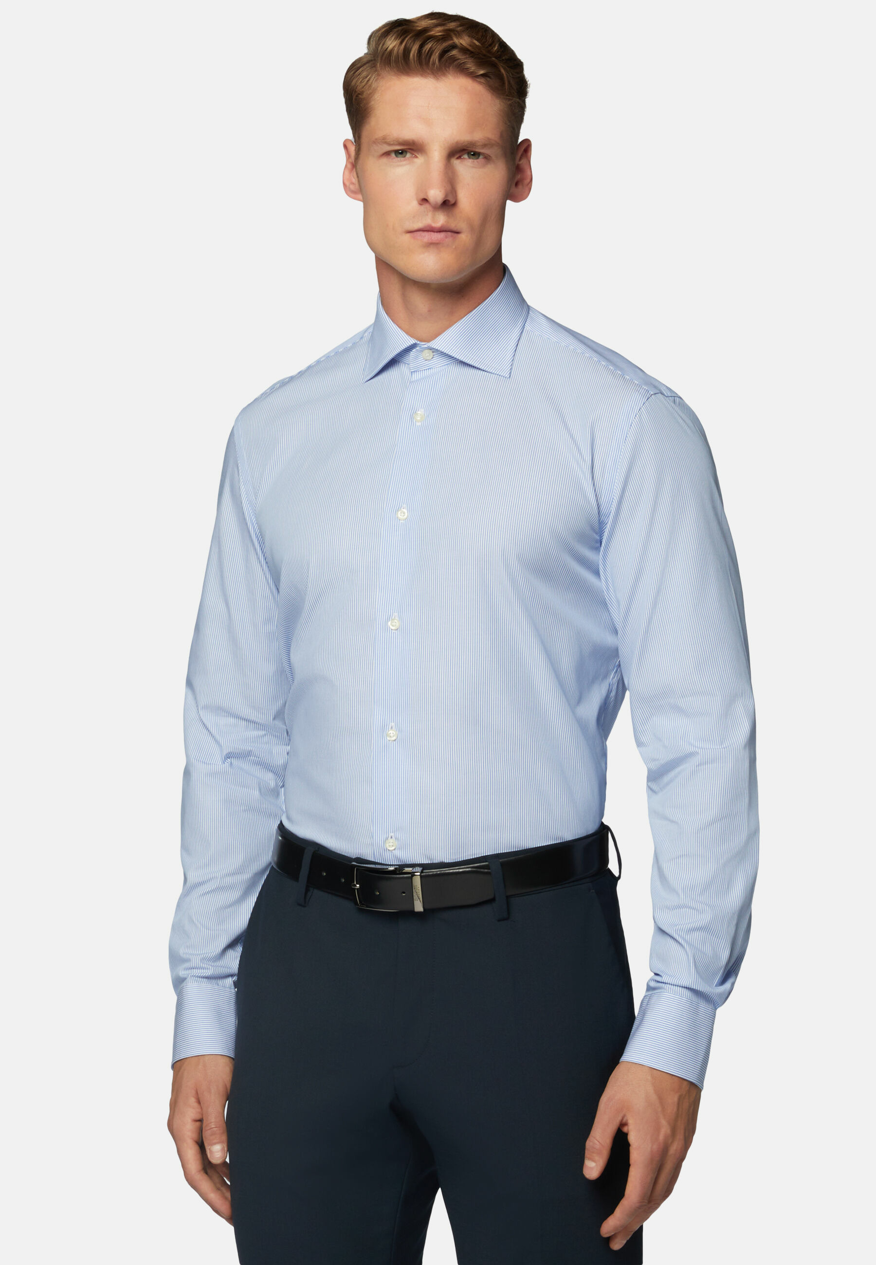 Chemise À Rayures Bleu Clair En Popeline De Coton Slim