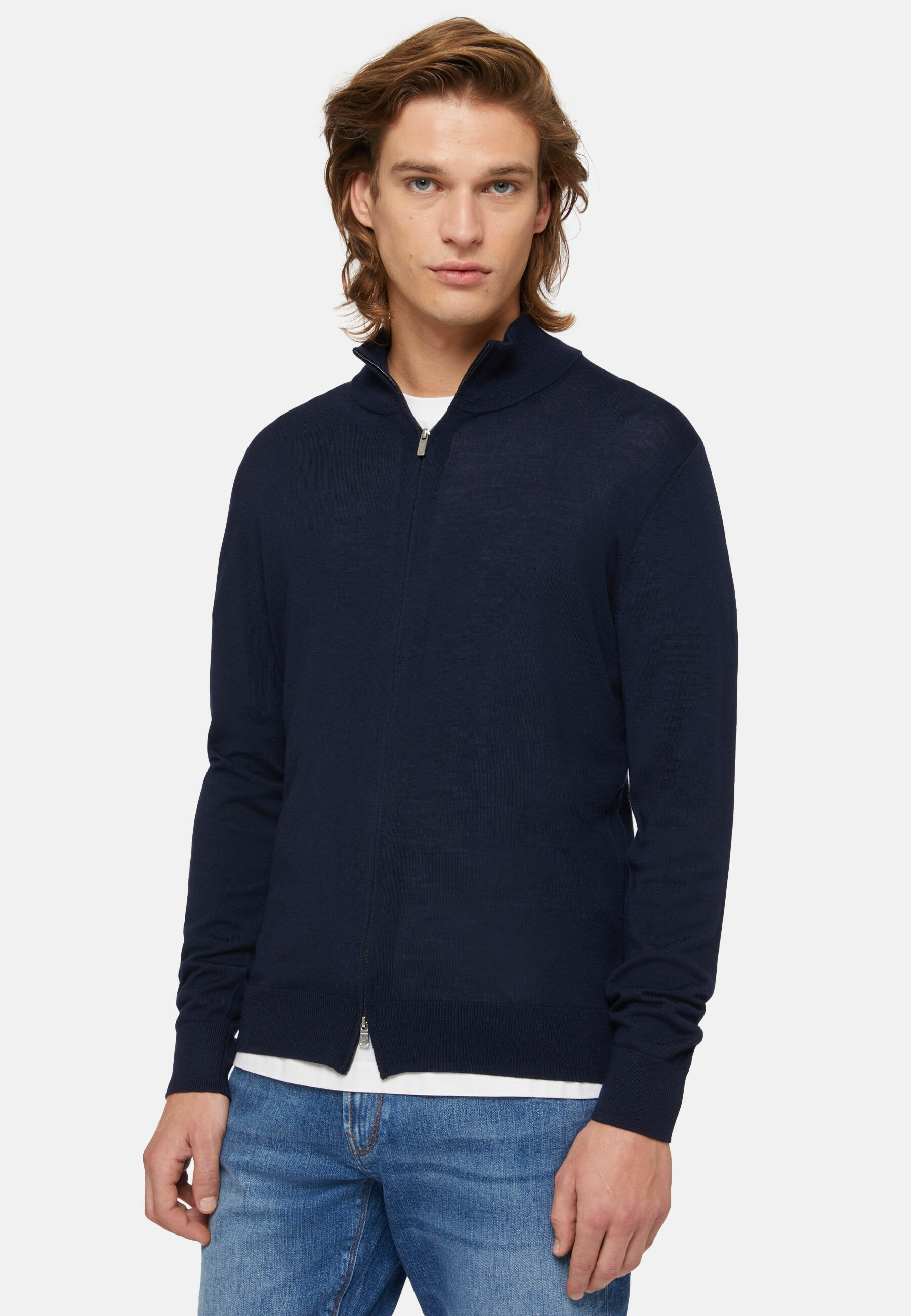 Pull Full Zip Bleu Marine En Laine Mérinos