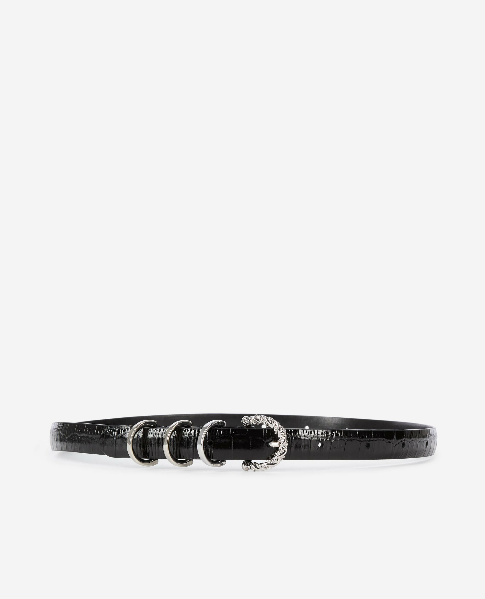 Ceinture Fine En Cuir Effet Crocodile Noir