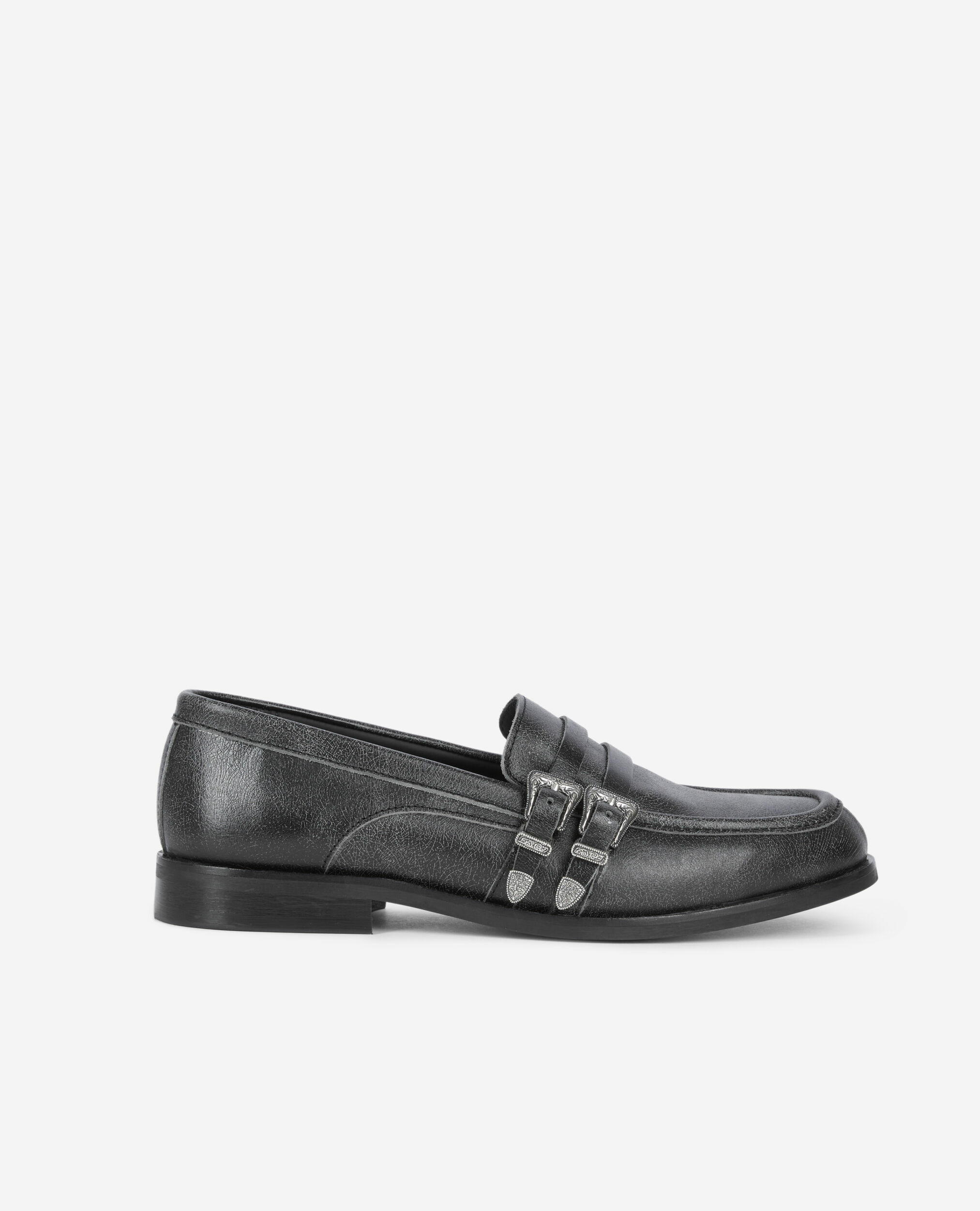 Mocassins En Cuir Noir Avec Boucles Western