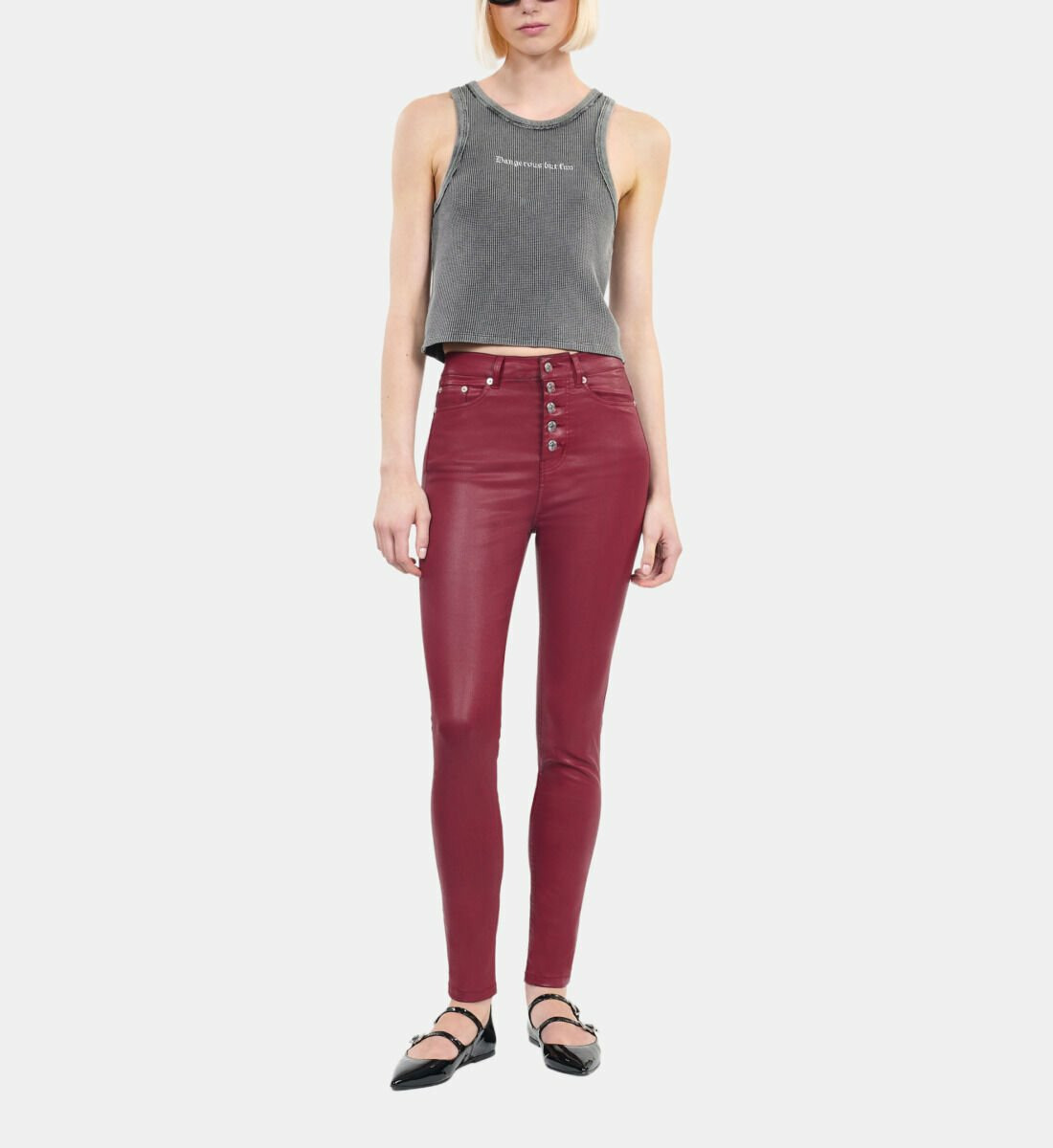 Jean Skinny Effet Cuir Rouge Femme