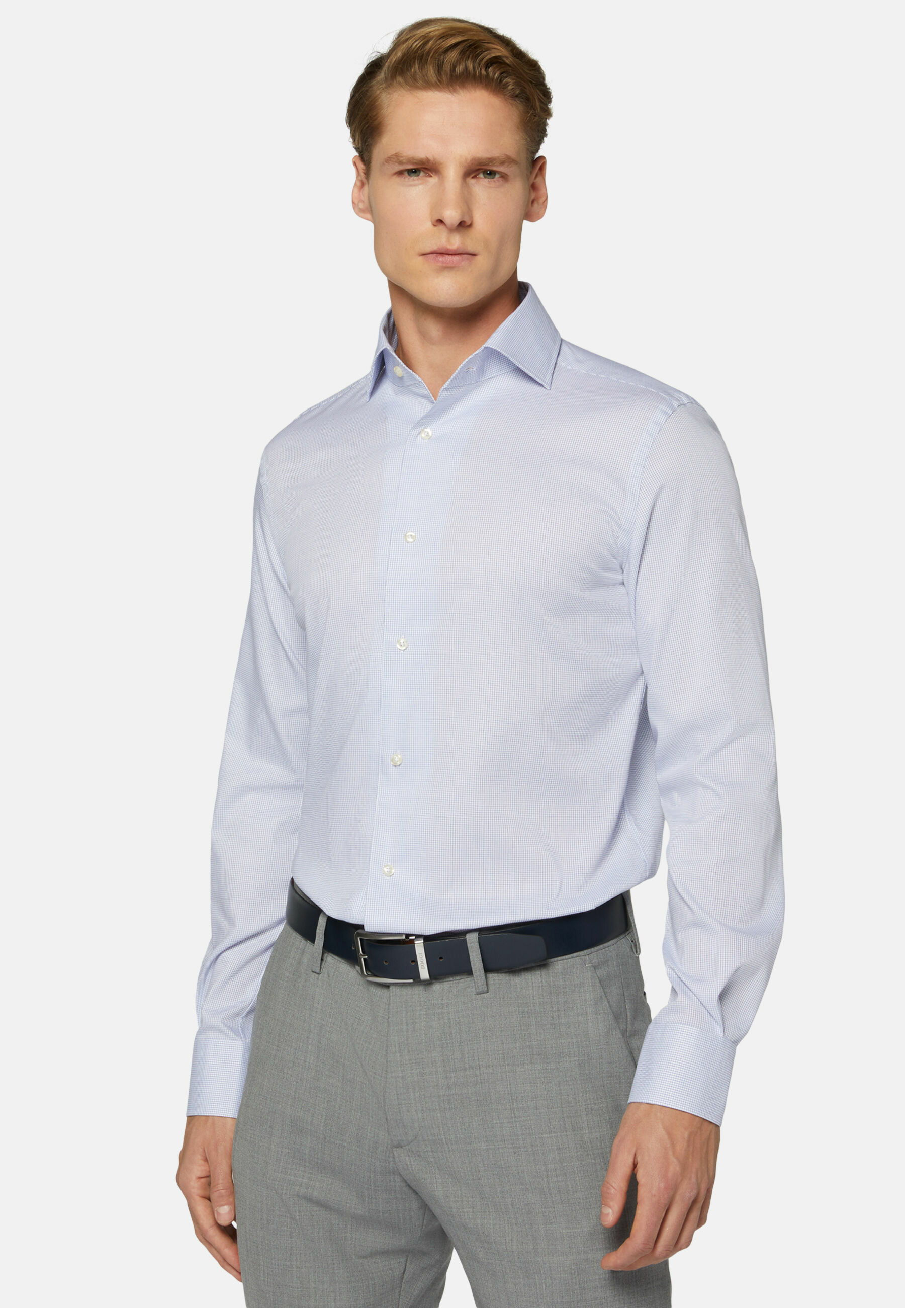 Chemise À Carreaux Bleus En Coton Et Tencel Regular Fit