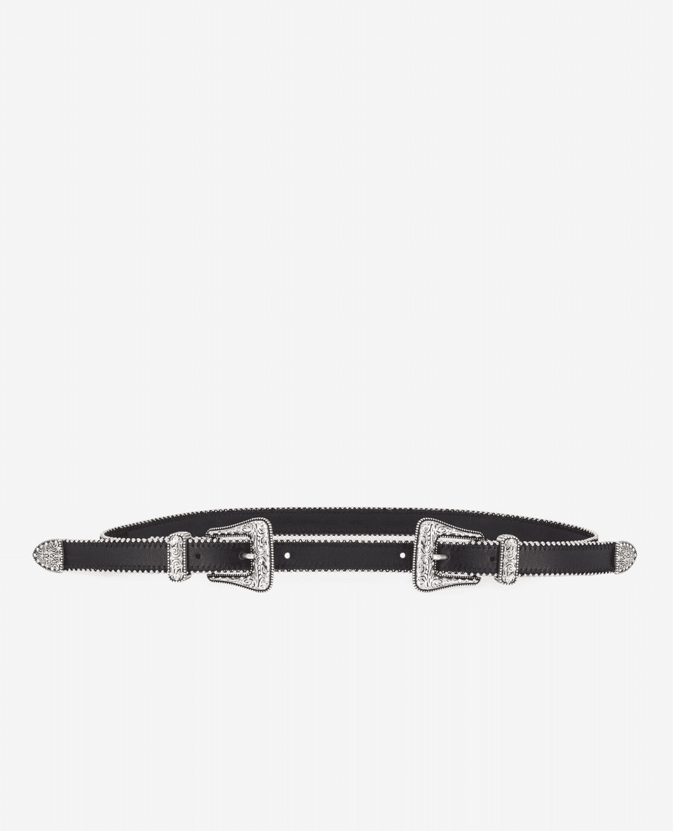 Ceinture En Cuir Avec Double Boucles Strass