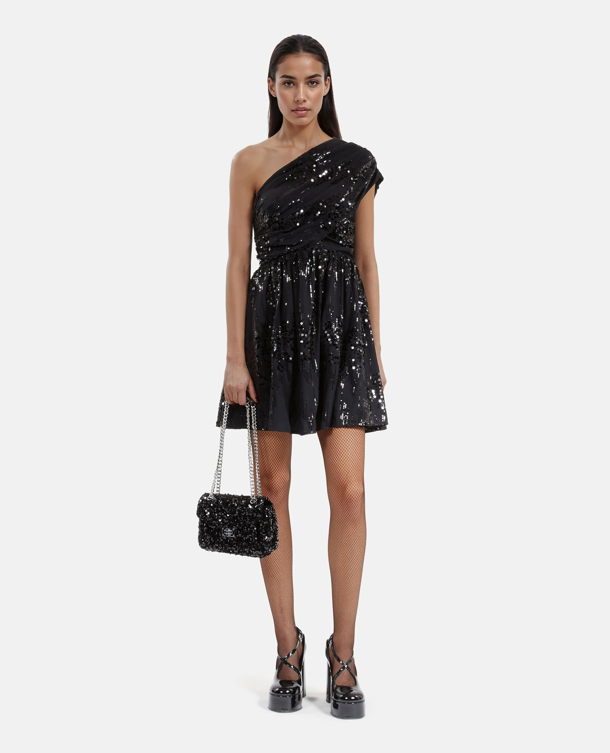 Robe Courte À Sequins Effet Drapé Noire Femme