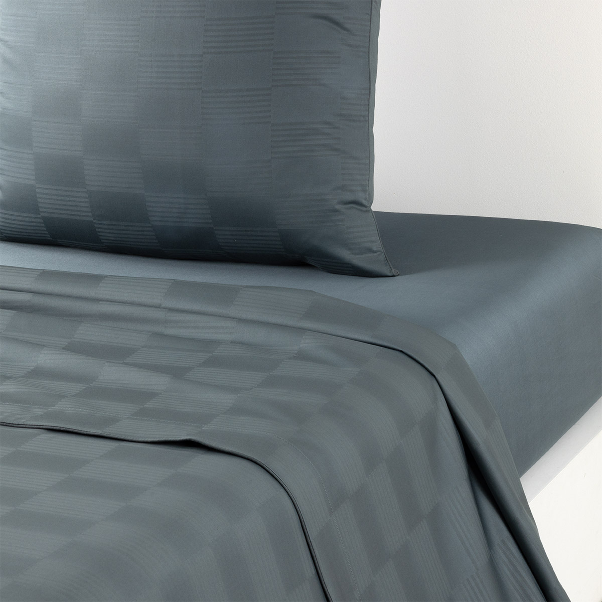 Desforges - Drap plat en satin de coton gris, Damier