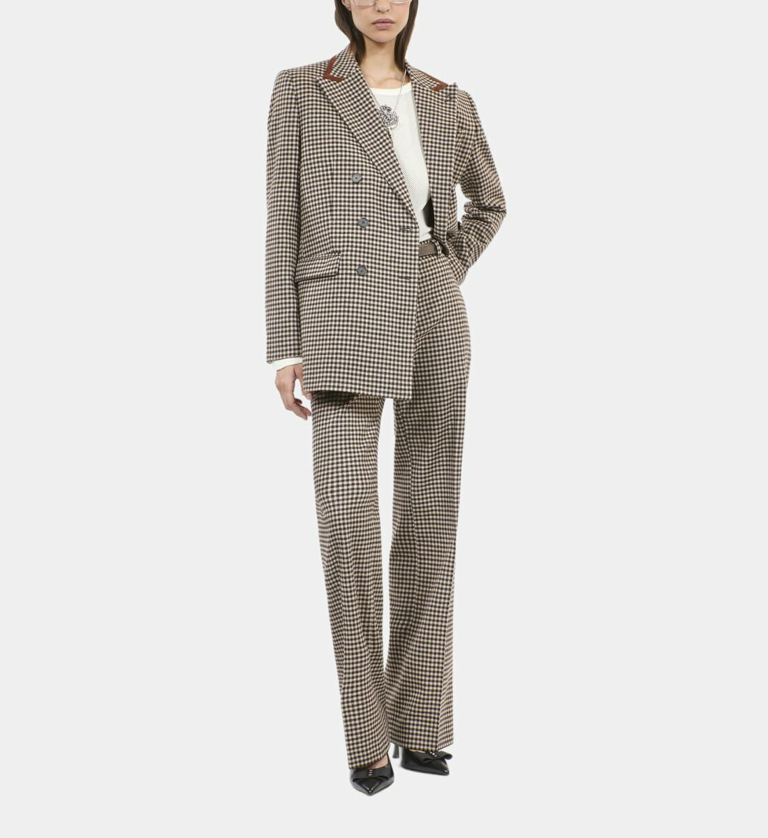 Pantalon Tailleur Ample À Carreaux Vichy Femme