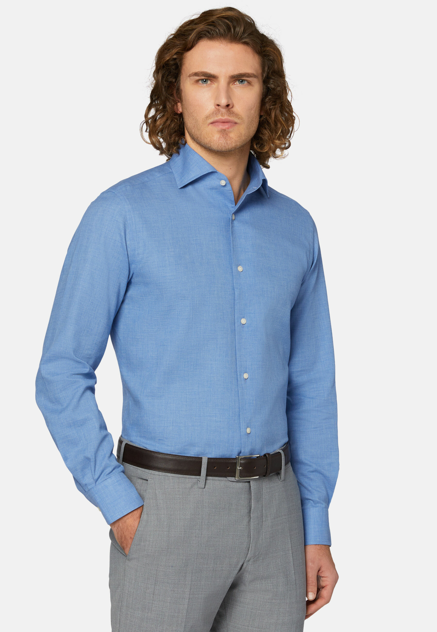 Chemise Bleue En Coton Dobby Coupe Droite