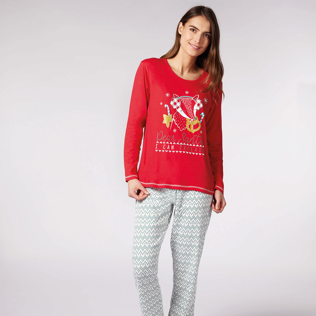 Pyjama femme NOËL EN FAMILLE rouge/écru imprimé