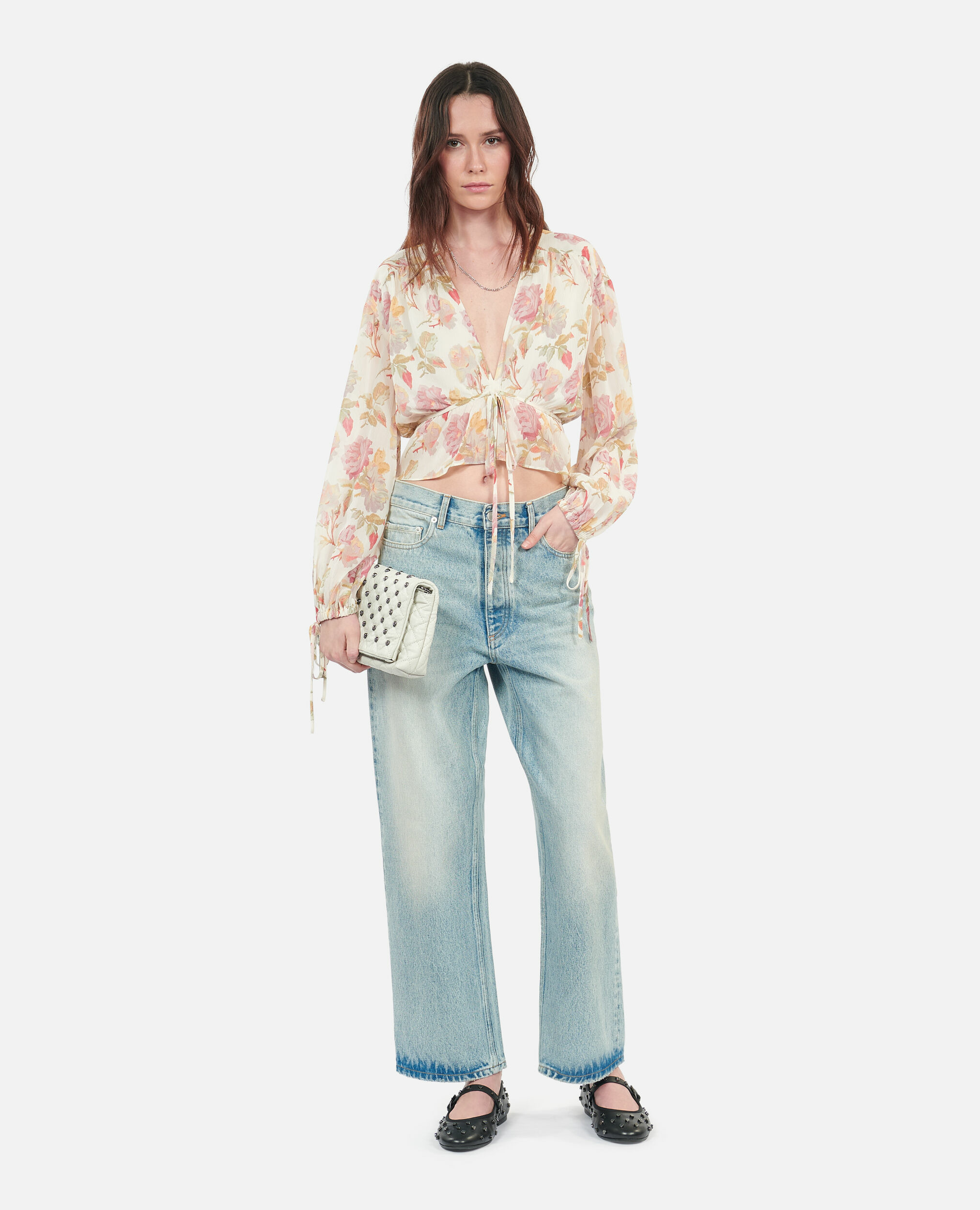 Top Imprimé En Soie Avec Volants Femme