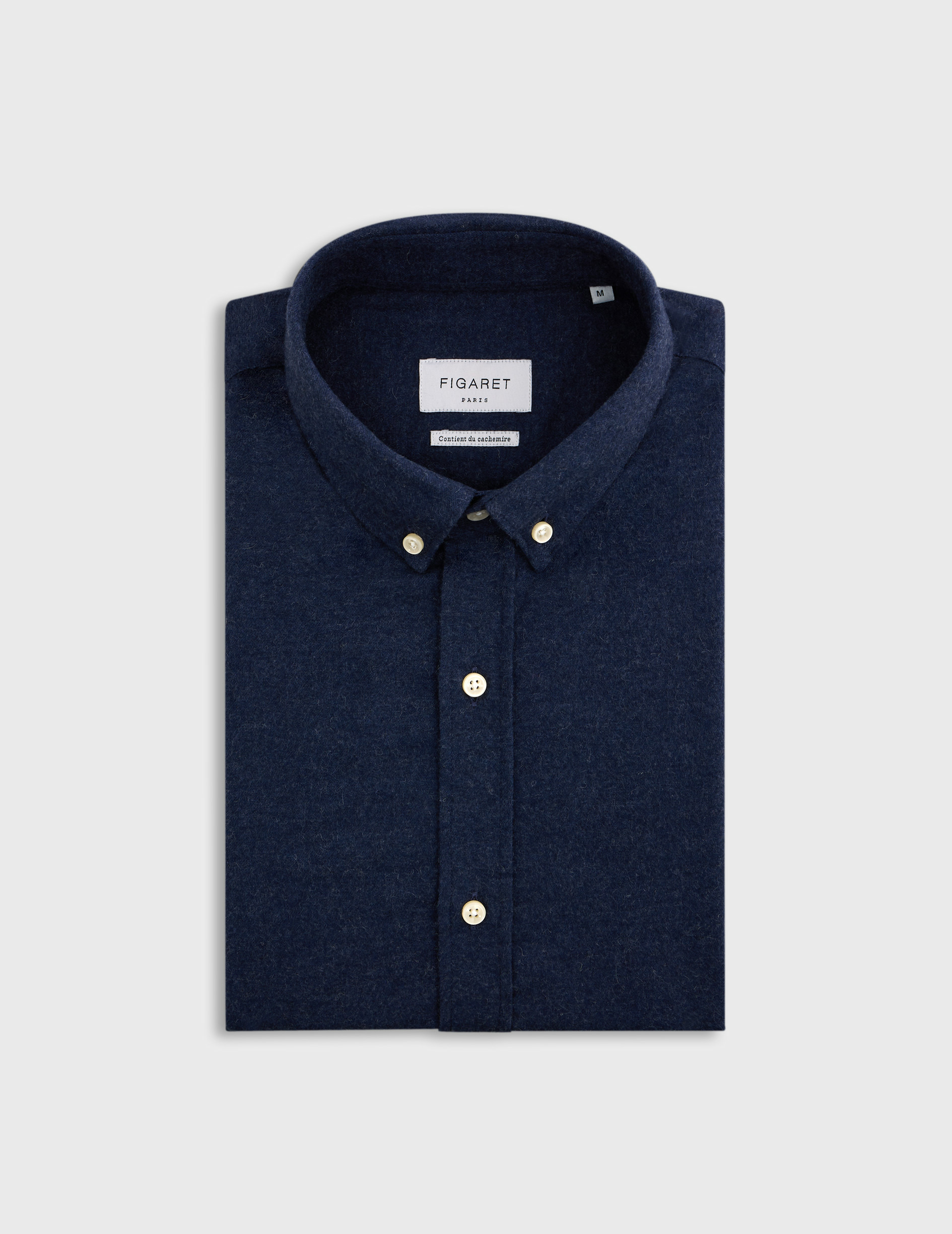 Chemise gaspard col américain en flanelle de coton et cachemire unie marine