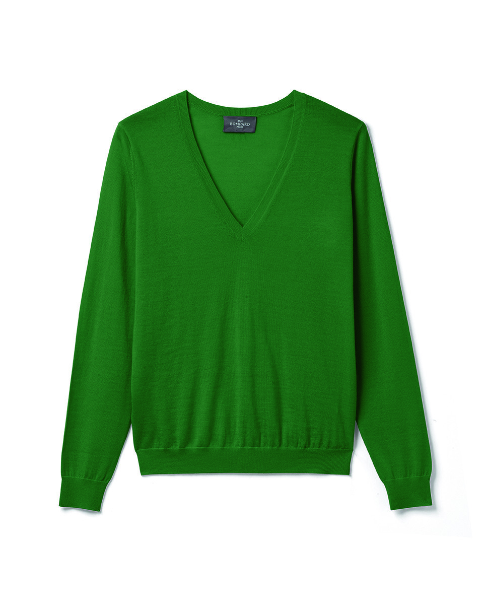 Pull col V ultrafin - Femme - VERT AMAZONIE