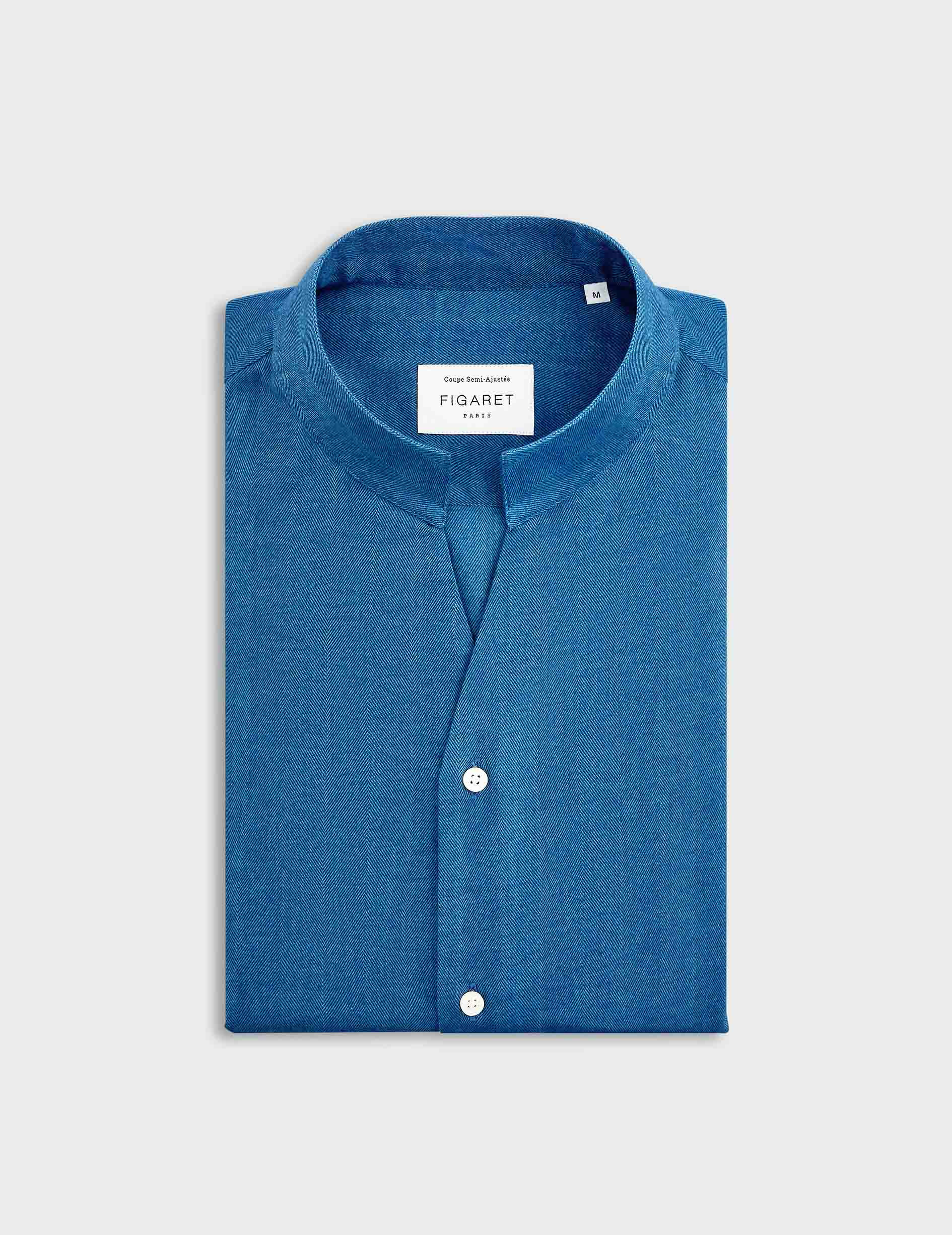 Chemise Carl col droit ouvert en flanelle de coton et lyocell chevron bleu