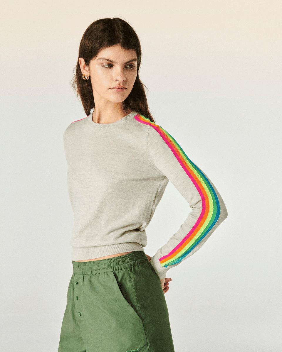 Pull Col Rond Bande Multicolore Aux Manches