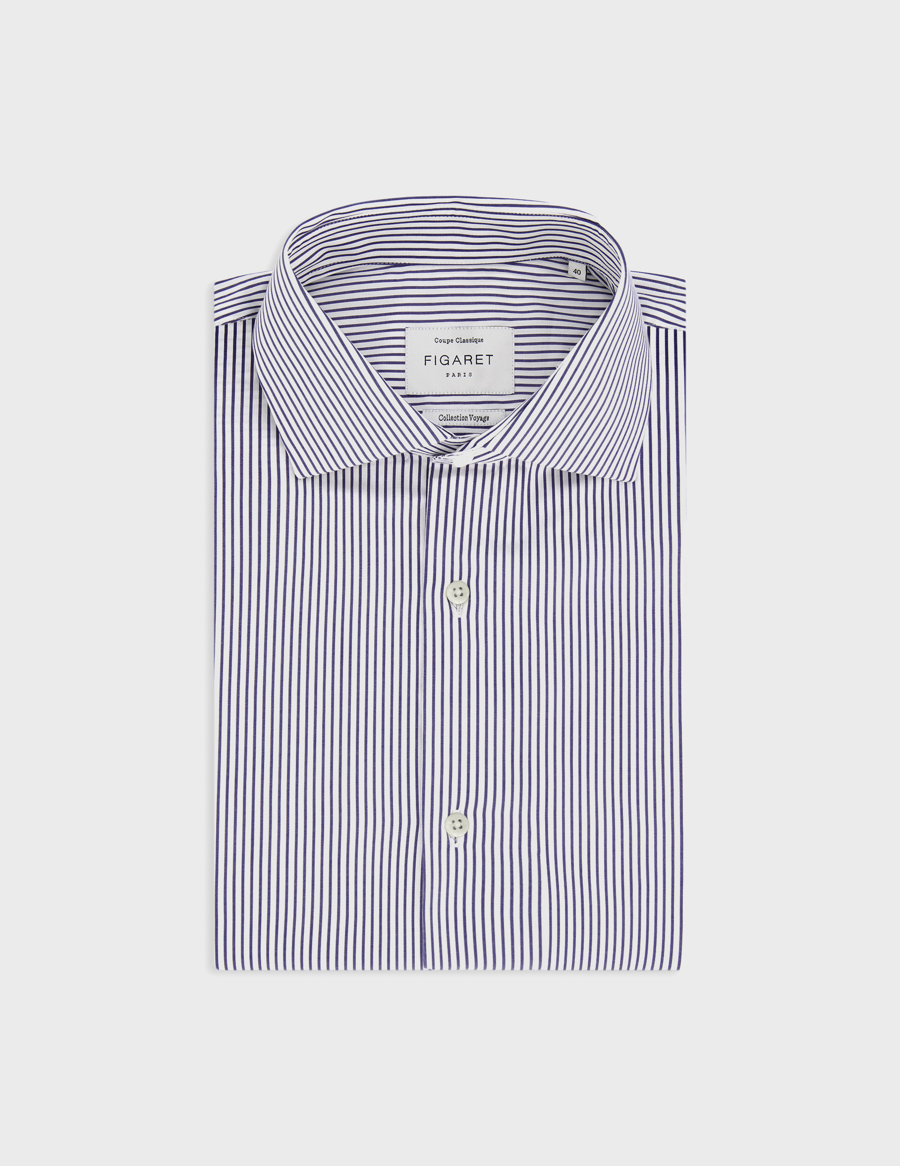 Chemise voyage col italien en popeline rayée marine