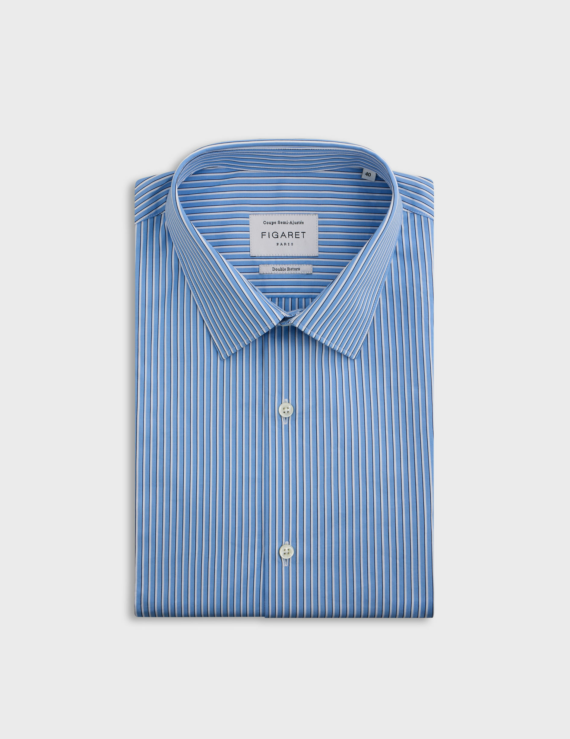 Chemise col figaret en popeline rayée bleu