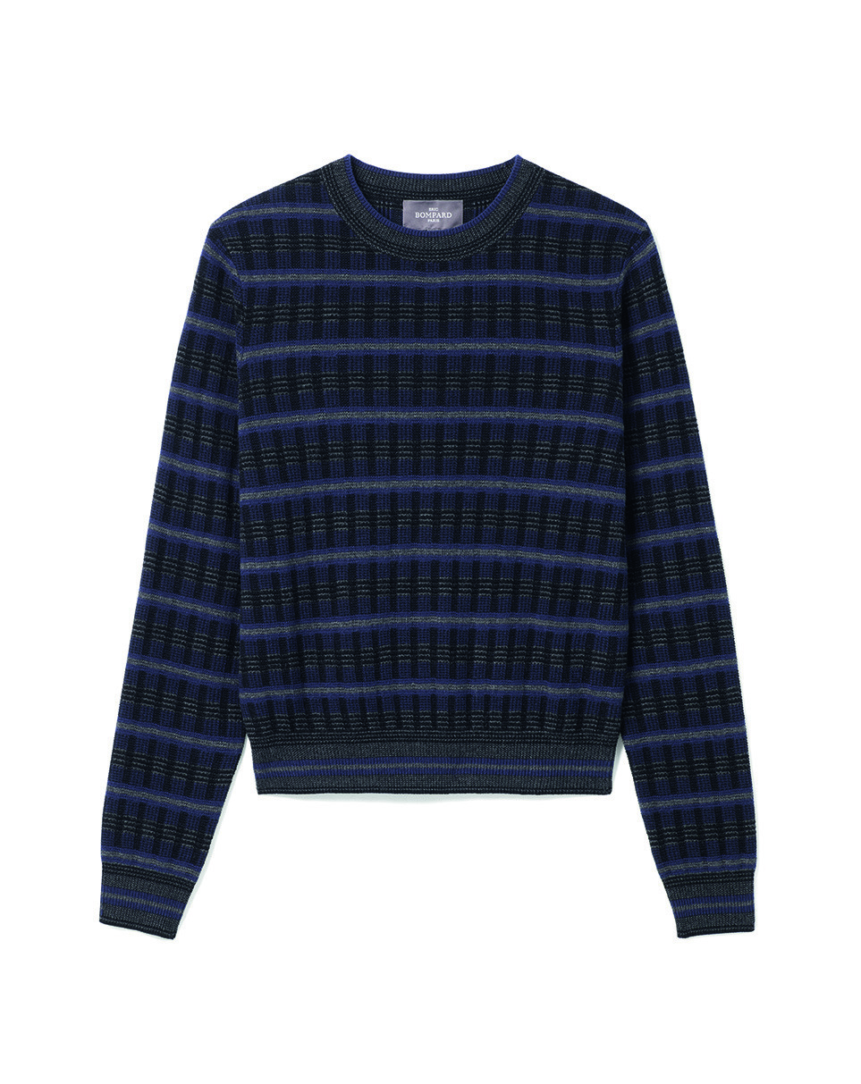 Pull col rond à rayures texturées - Femme - MARINE/NOIR/KHOL