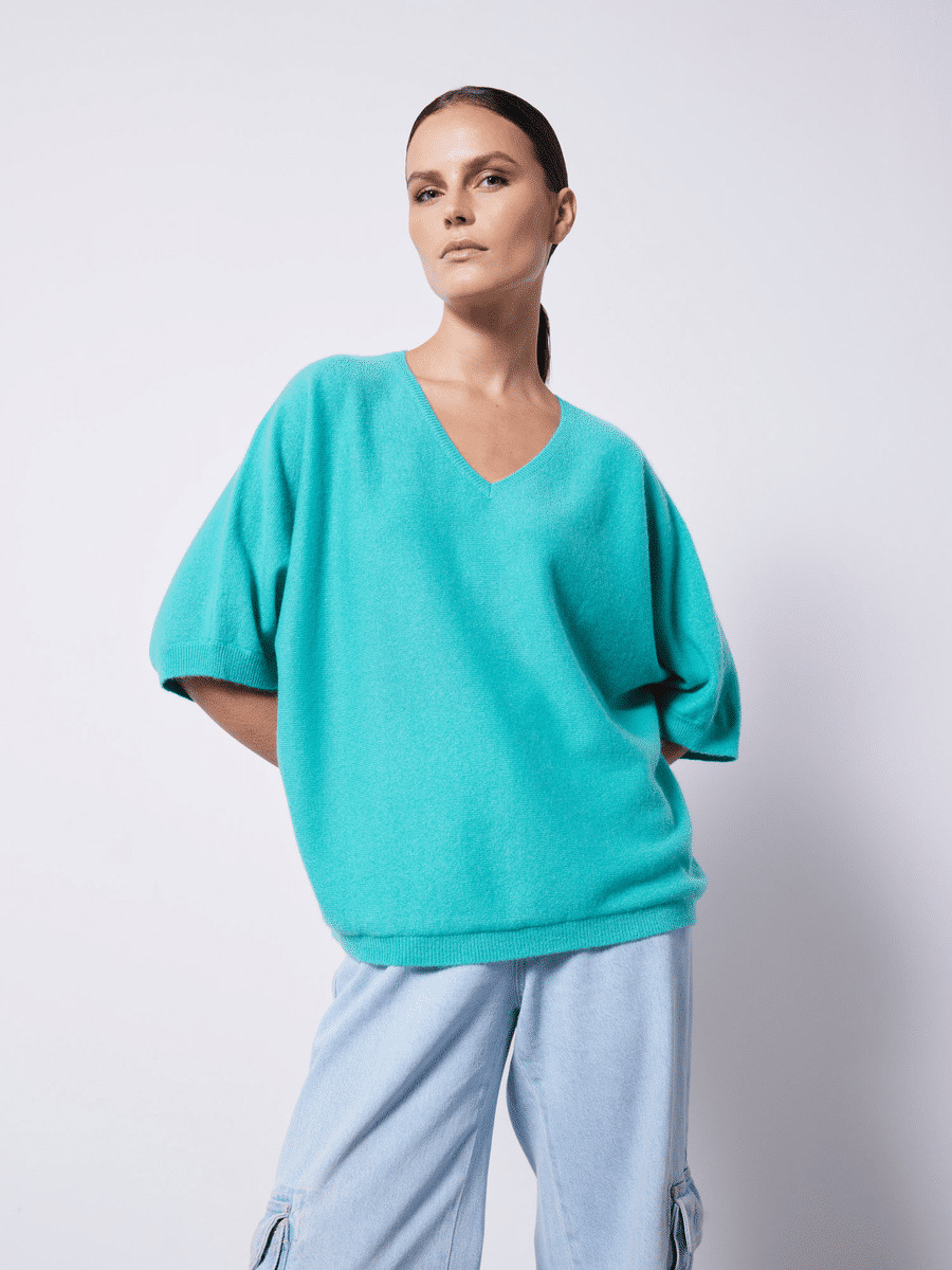 Pull cachemire col V manches ¾ Isana FRESH MINT