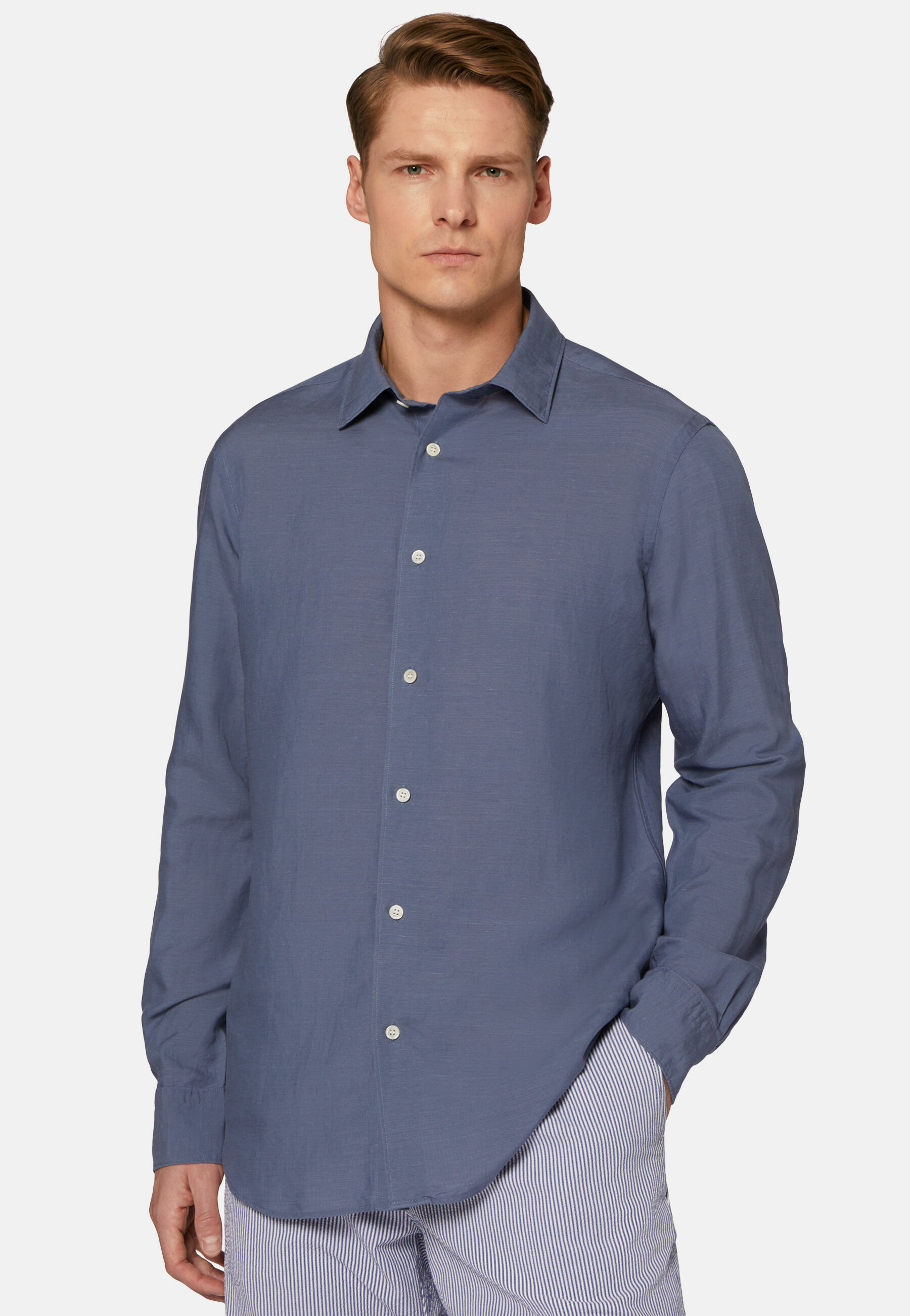Chemise Indigo En Tencel Lin Coupe Droite
