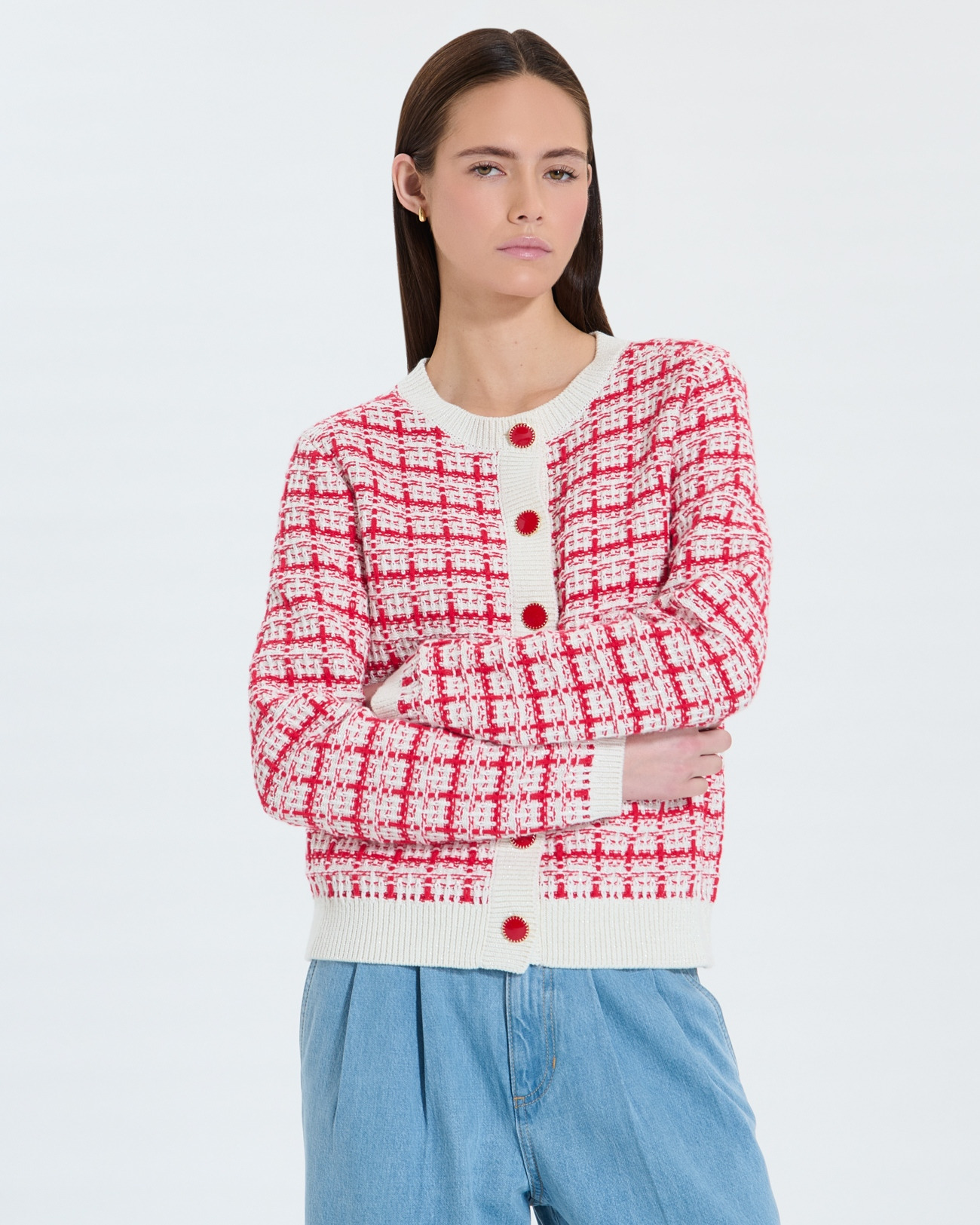 Gilet façon tweed bicolore rouge écru