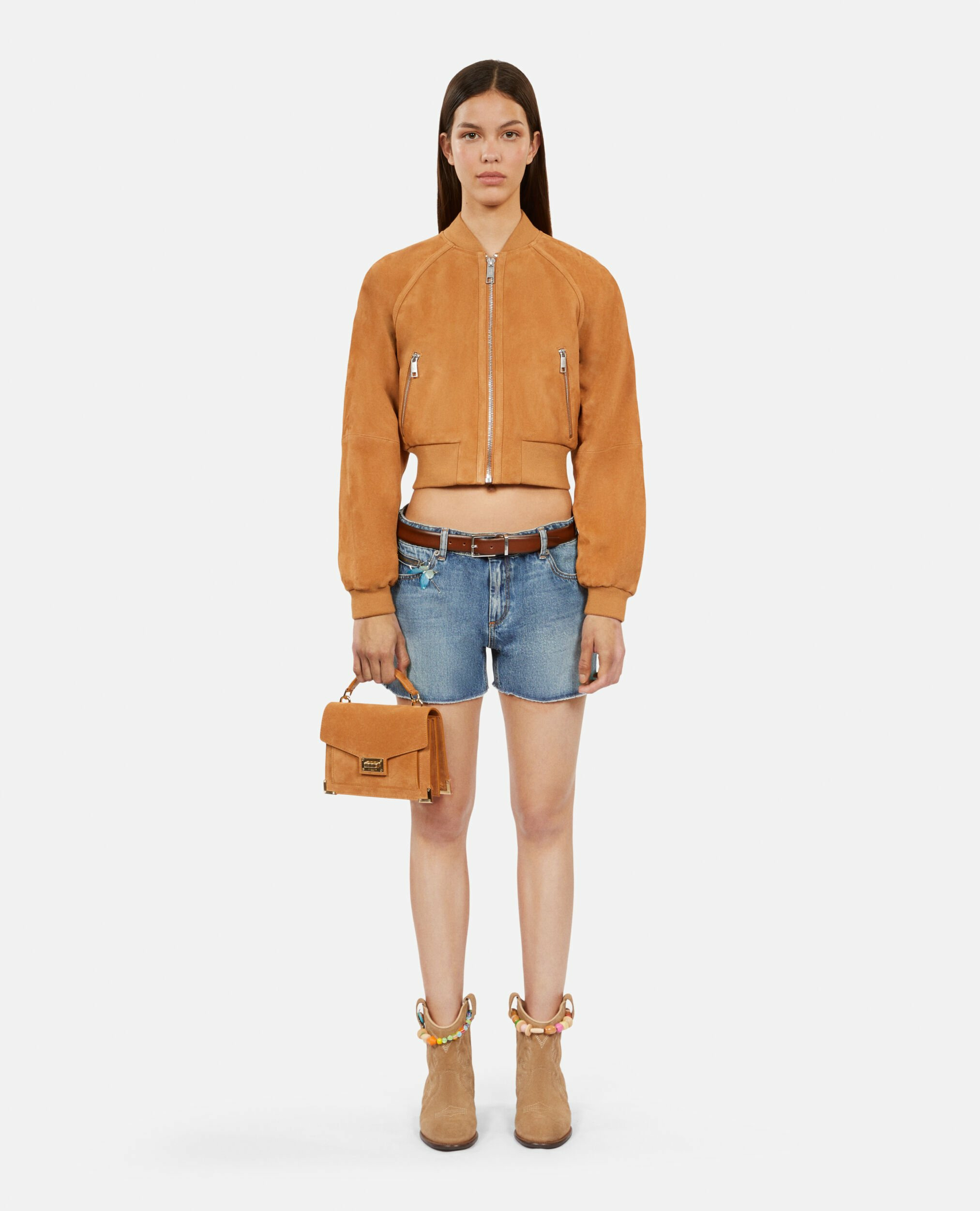 Blouson Camel En Cuir Suède Femme