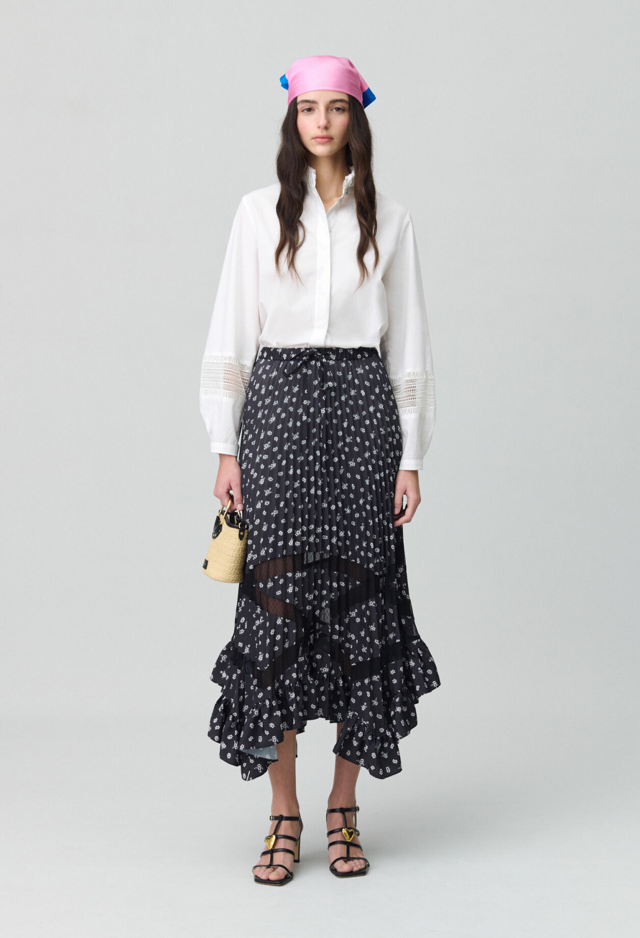 Jupe plissée asymétrique à fleurs