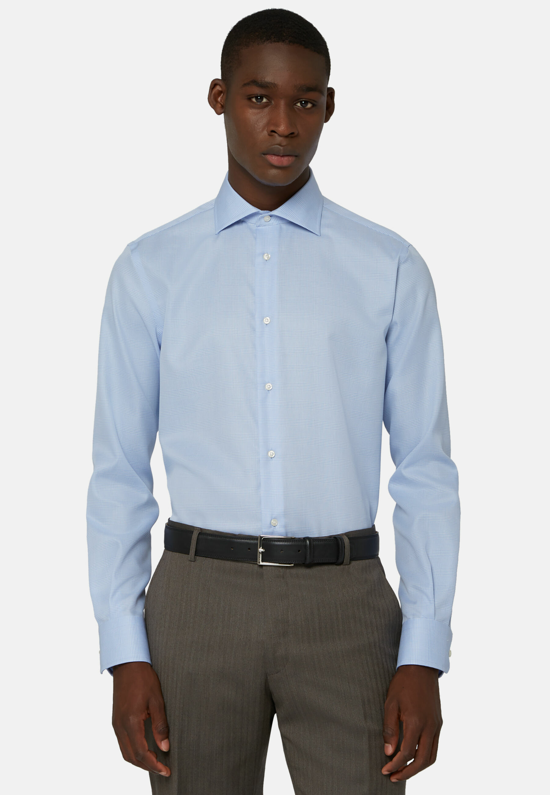 Chemise Bleu Clair En Coton Motif Prince-De-Galles Regular Fit