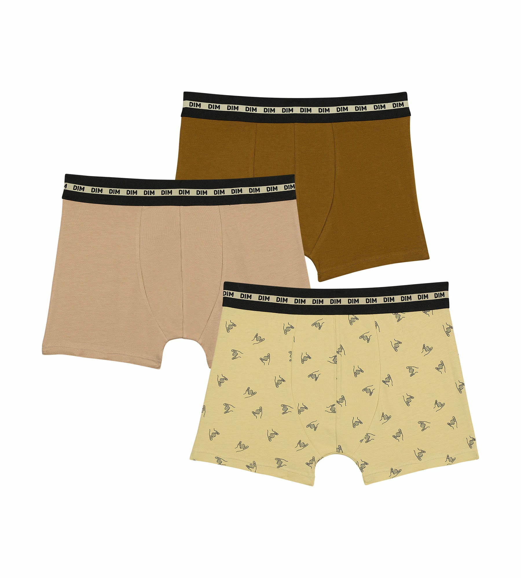 Lot de 3 boxers garçon à motif fun Marron Olive Dim Coton Stretch