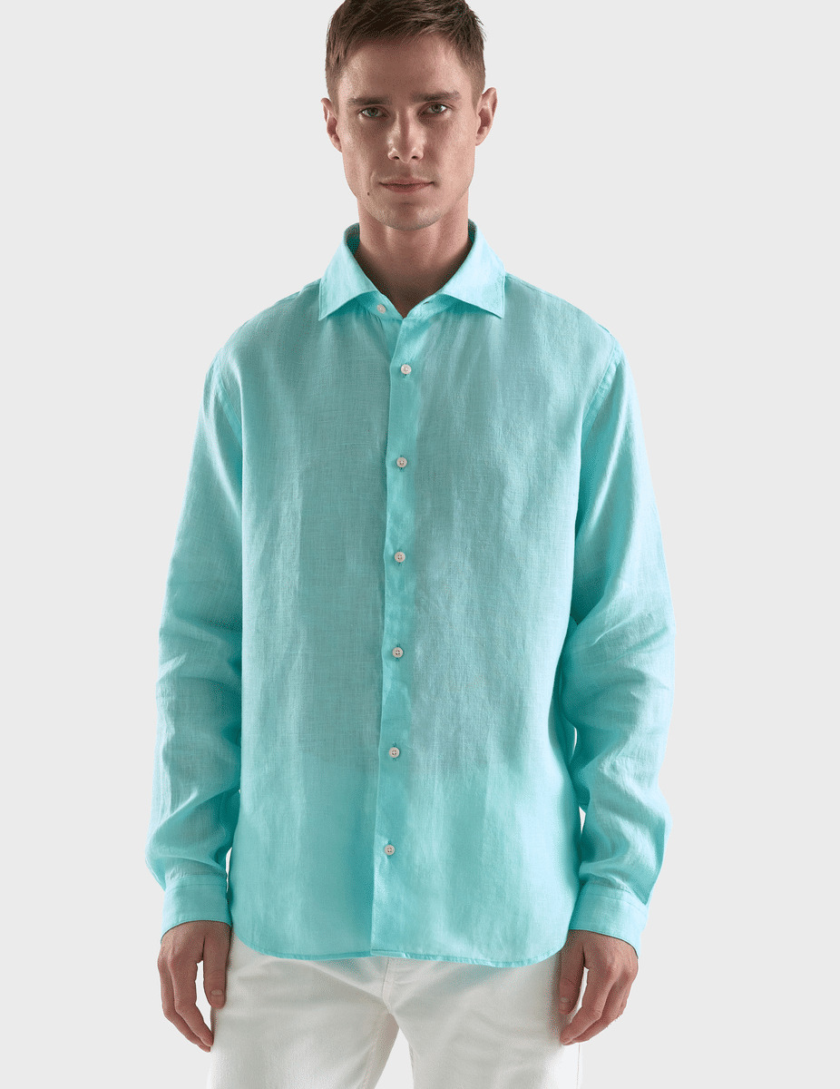 Chemise Aristote en lin turquoise