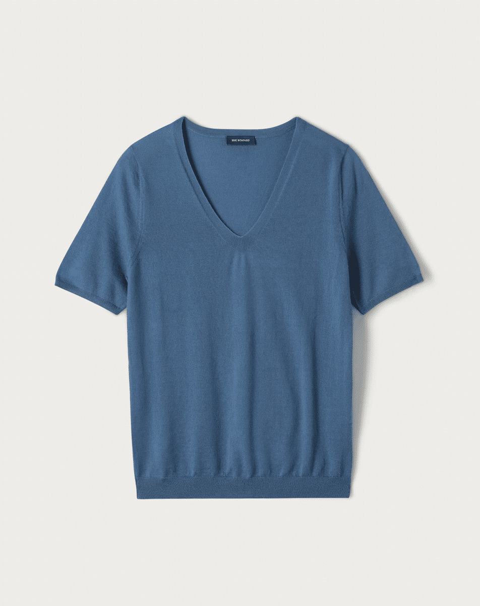 Pull V manches courtes ultrafin contemporain - Femme - BLEU EGYPTIEN