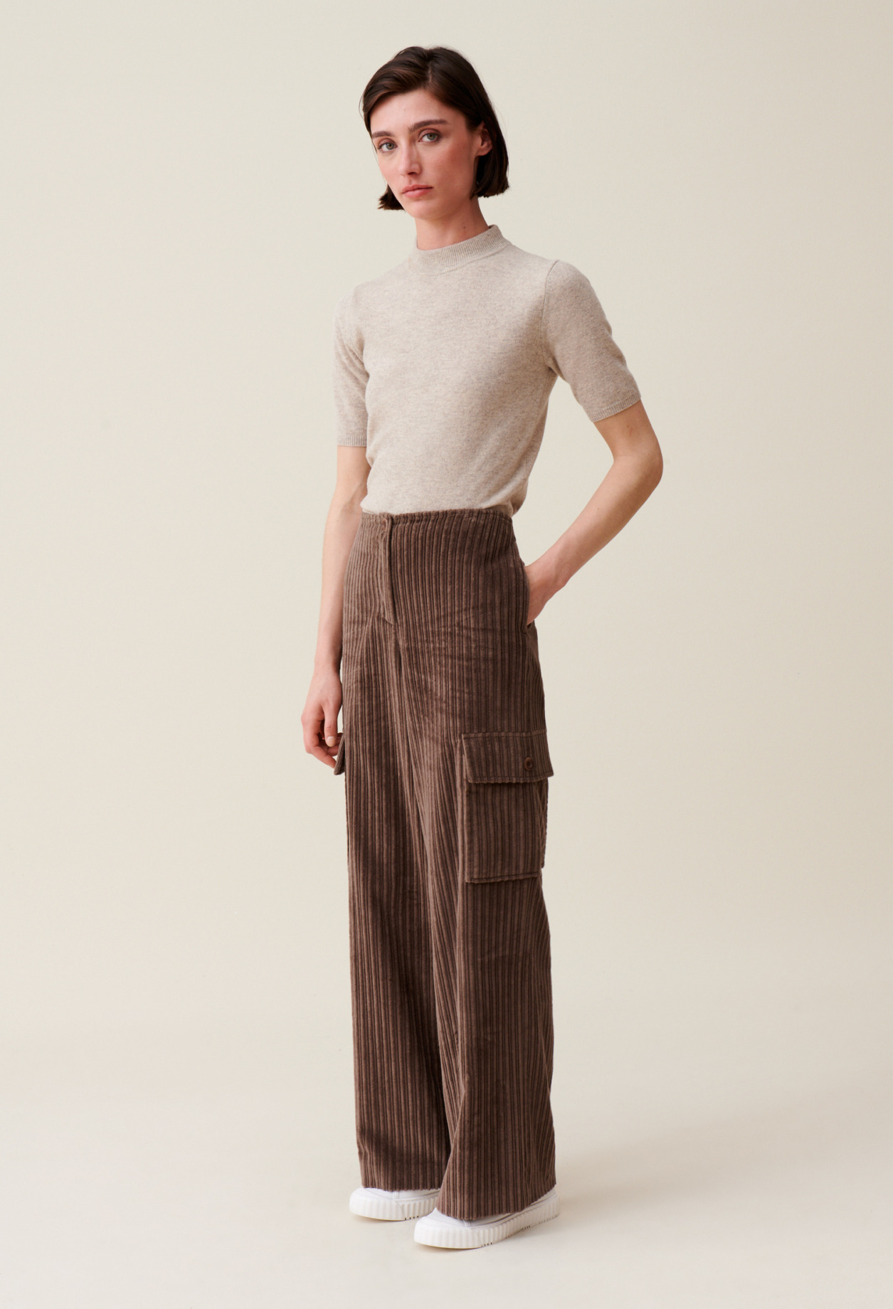 Pantalon cargo large velour côtelé