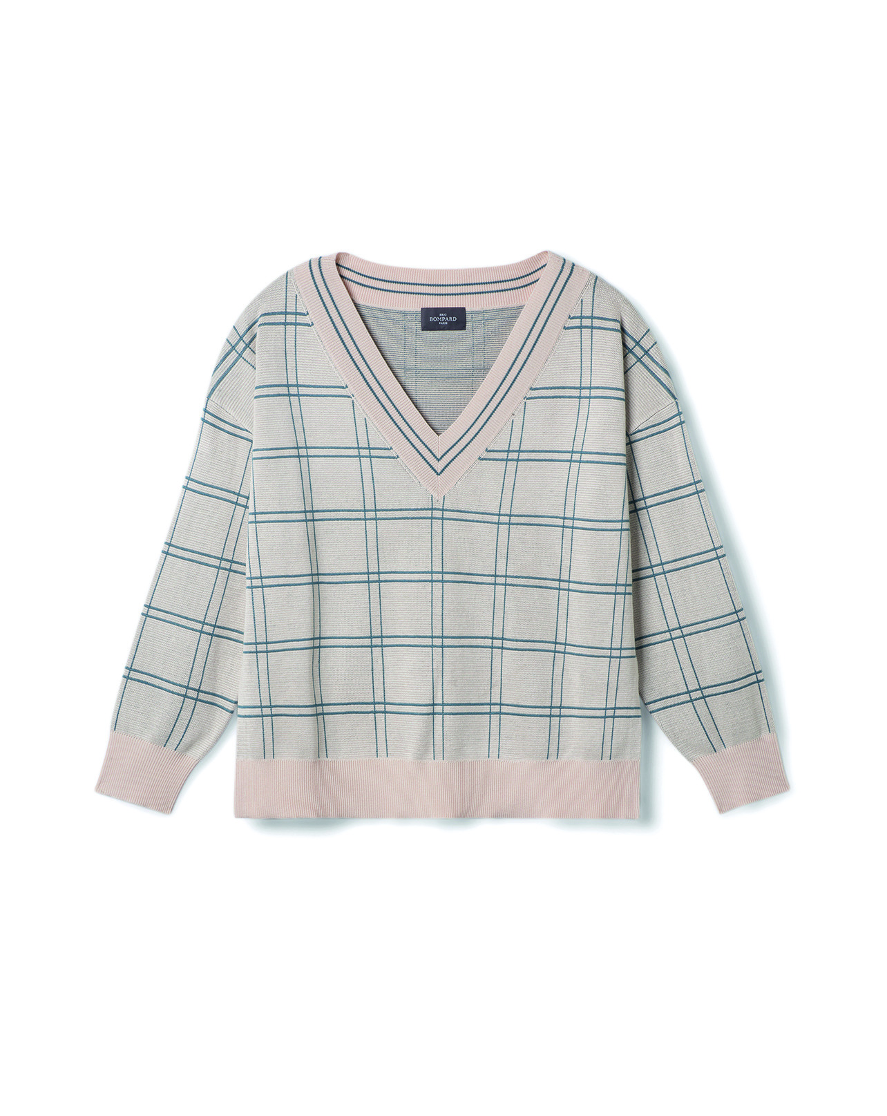 Pull V oversize à carreaux - Femme - PLATRE/BLEU GLAZ