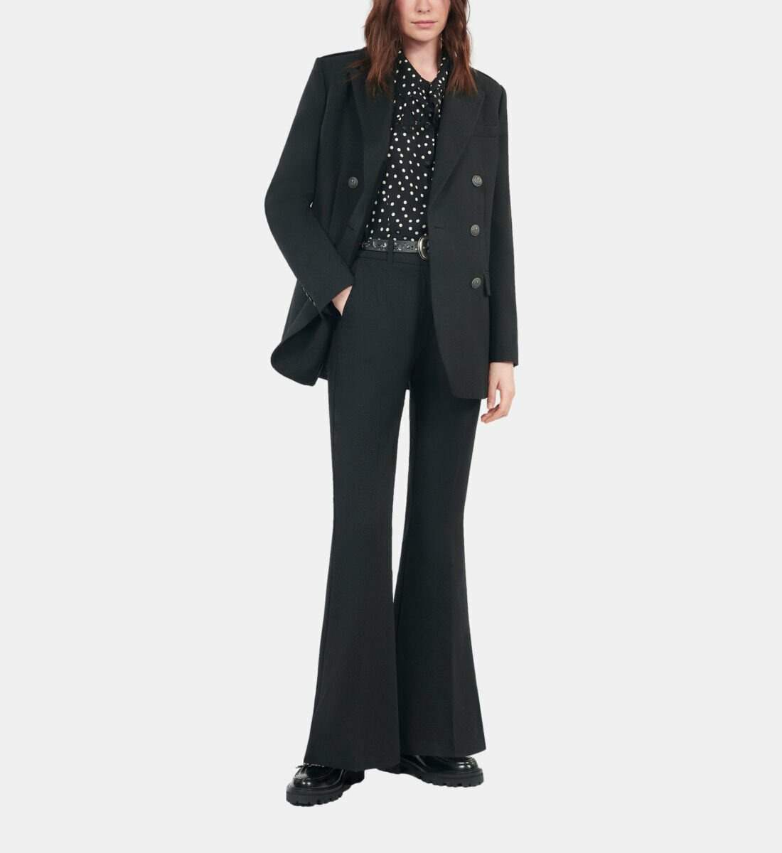 Pantalon Tailleur En Laine Mélangée Noir Femme