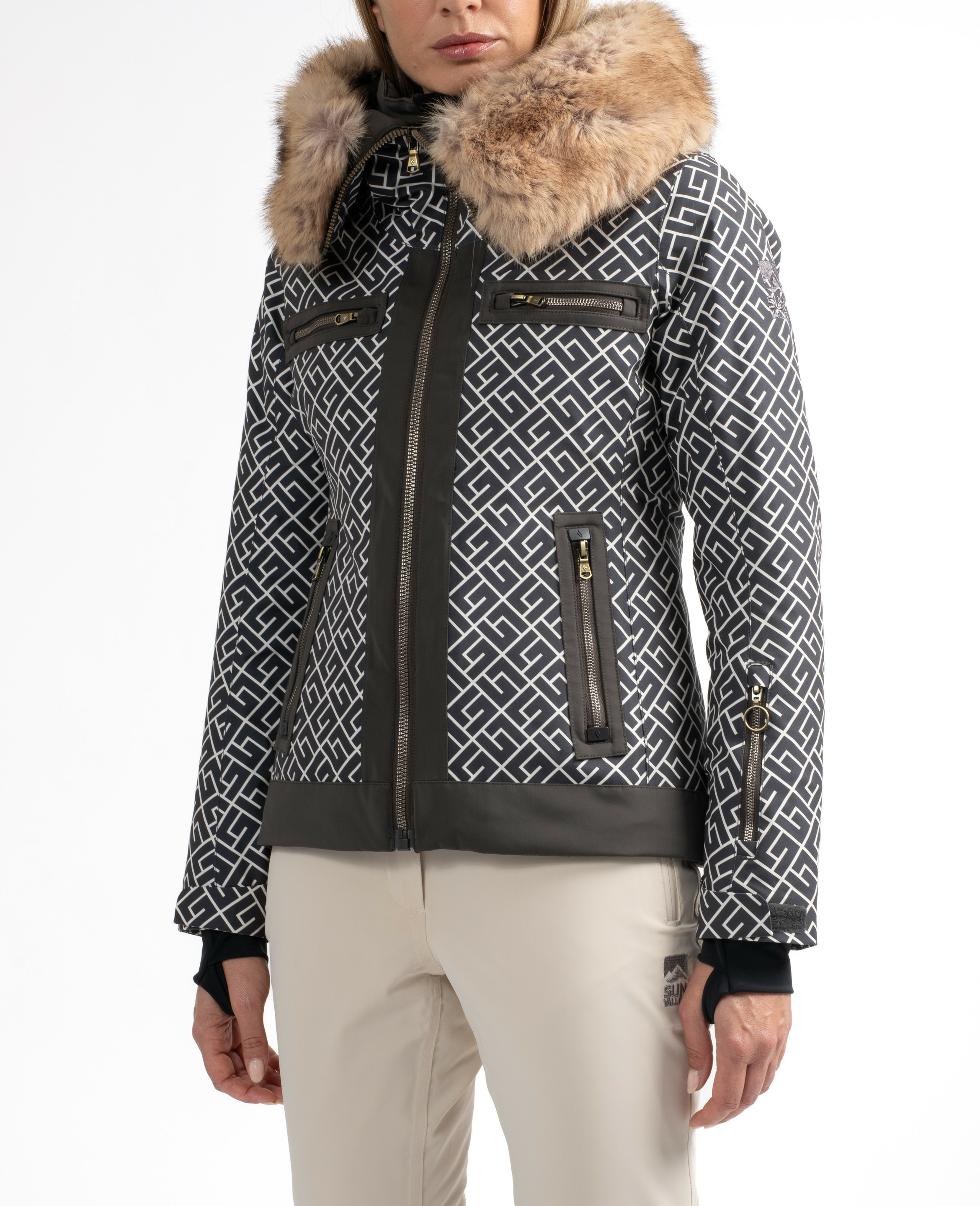 Veste de ski imprimée à col châle fourrure femme