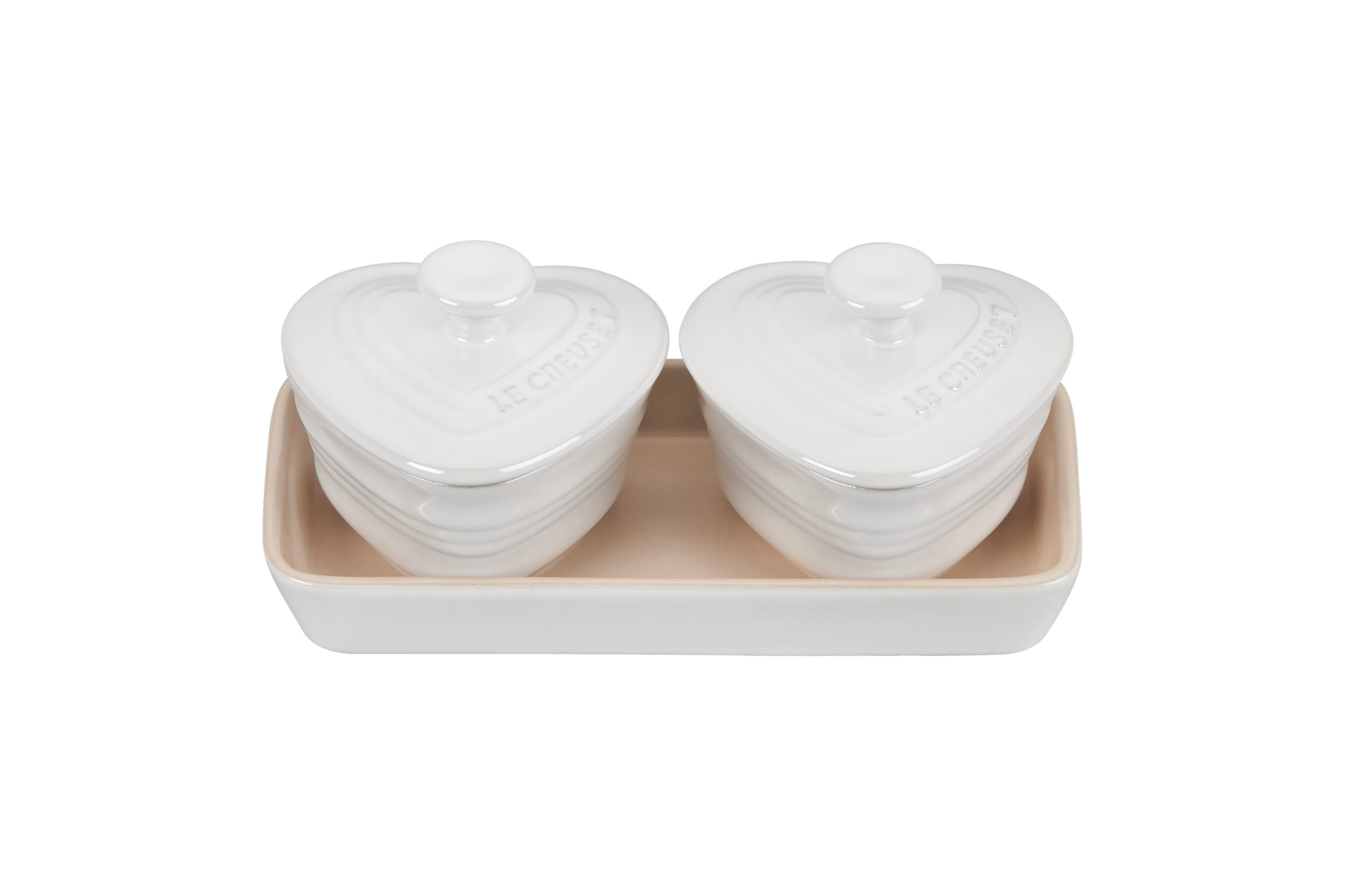 Ensemble de 2 mini ramequins en forme de cœur et plateau rectangulaire en grès