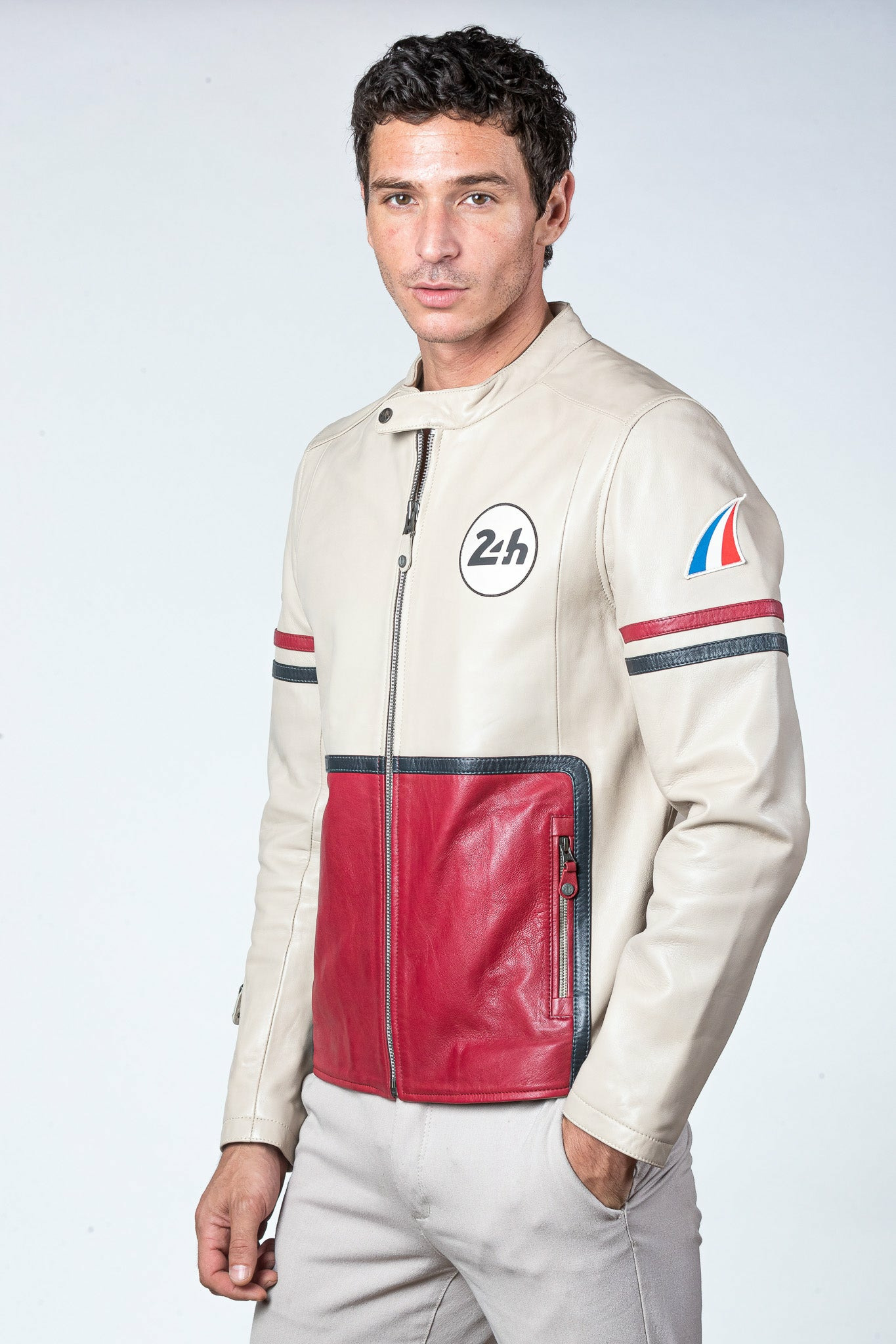 Blouson cuir 24H le mans Karl écru.rouge