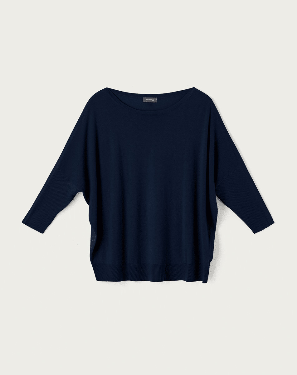 Col bateau oversize ultrafin manches 3/4 à côtes - Femme - MARINE