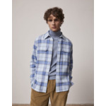 Chemise florian col français avec deux poches en flanelle de coton à carreaux bleu