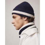 Bonnet en maille côtes anglaises uni avec bande écrue marine