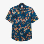 Chemise manches courtes regular bleu azur imprimé corail