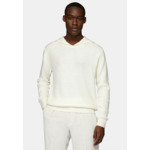 Pull Blanc À Capuche Avec Encolure En V En Laine Mérinos