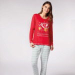 Pyjama femme NOËL EN FAMILLE rouge/écru imprimé