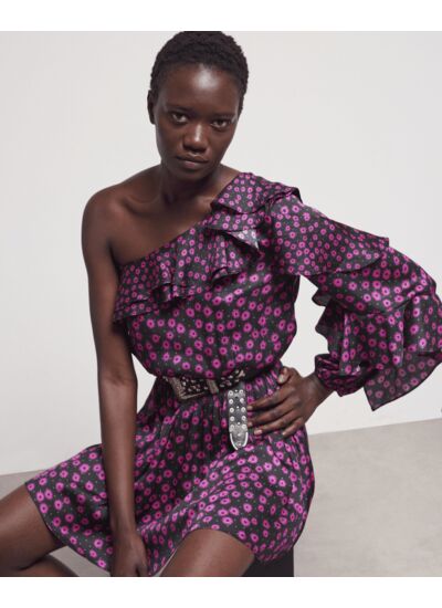 Robe Courte Manche Longue One Shoulder Print Daisy Dots Femme