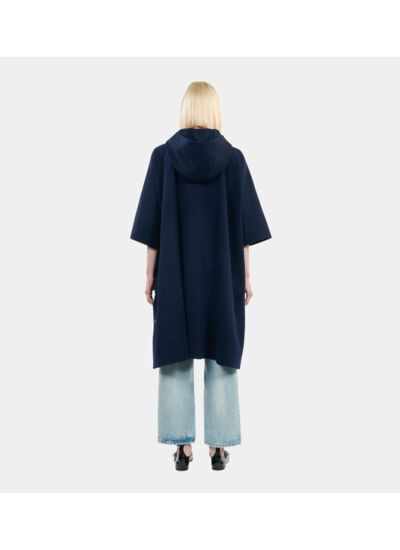 Cape Longue À Capuche En Laine Mélangée Bleu Marine Femme