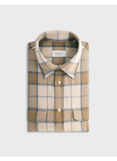 Chemise florian col français avec deux poches en flanelle de coton à carreaux beige