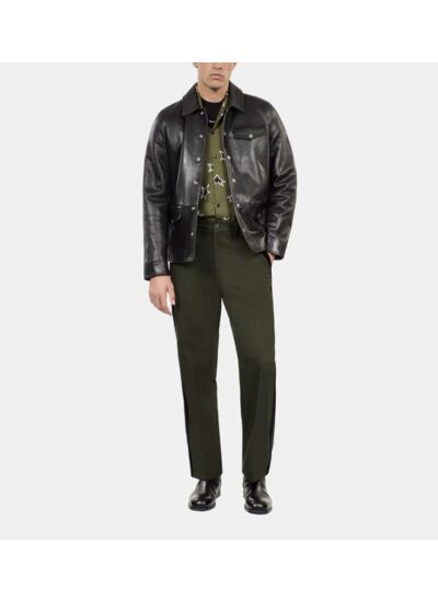 Pantalon Large En Laine Mélangée Kaki Homme