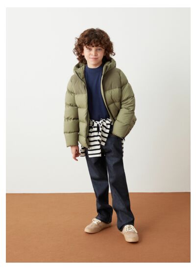 Doudoune à capuche et empiècements en velours