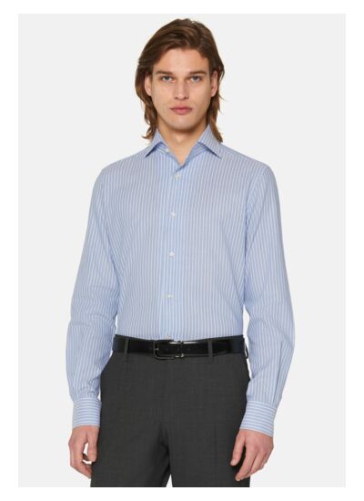 Chemise Bleue À Rayures En Coton Dobby Coupe Droite