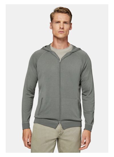 Pull Full Zip Vert À Capuche En Laine Mérinos